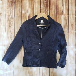 Olsen 100% Linen Navy Blue Summer Blazer Cropped Travel Cruise Resort Mi…